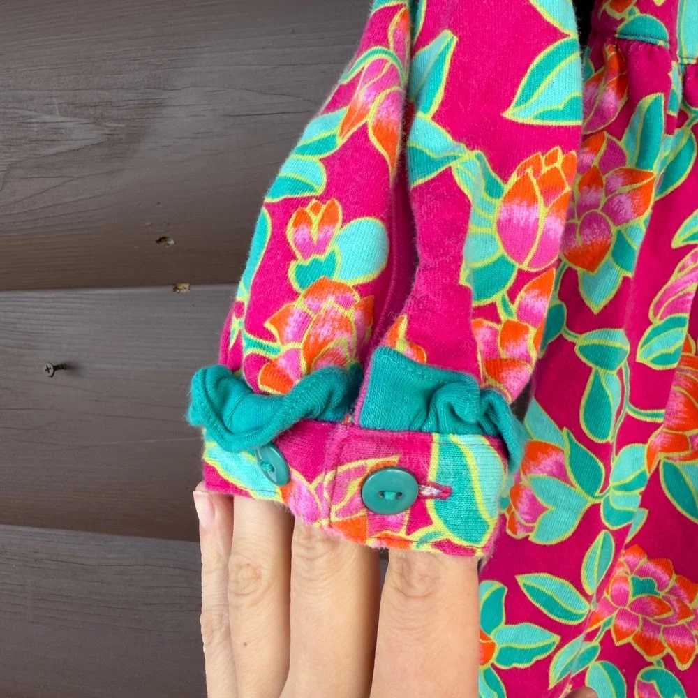 Gymboree Floral Dress Kids Size Large Pink Orange Teal Long Sleeve Button Front